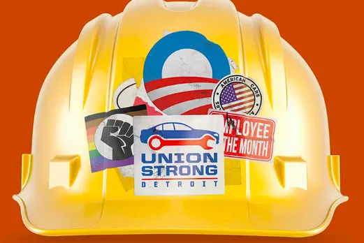 Hardhat with stickers including "Union Strong"