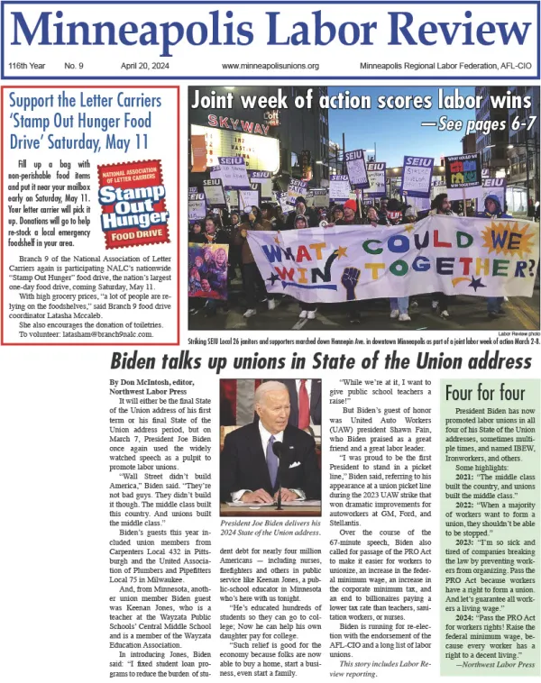 Front page of April 20, 2024 issue featuring march from "What Could We Win Together" week of action