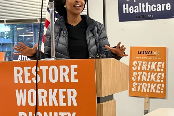 Ilan Omar speaks at CIty Employees Local 363 strike rally July 4