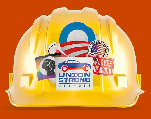 Hardhat with stickers including "Union Strong"