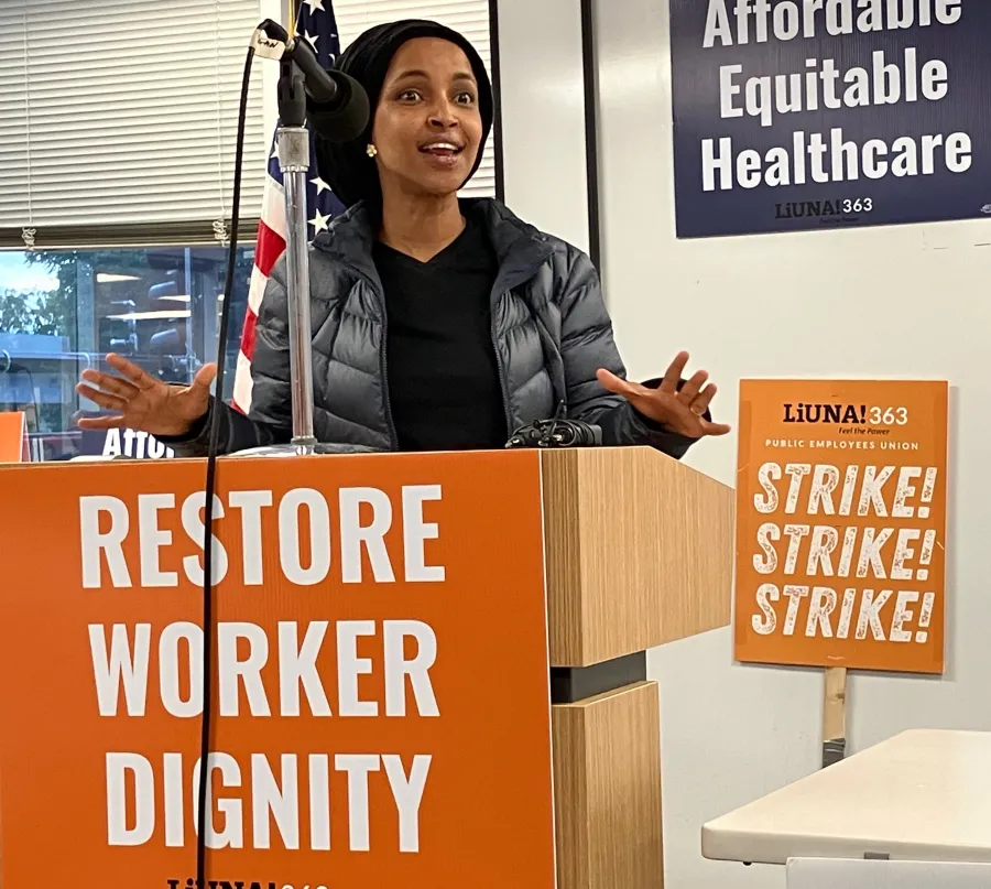 Ilan Omar speaks at CIty Employees Local 363 strike rally July 4