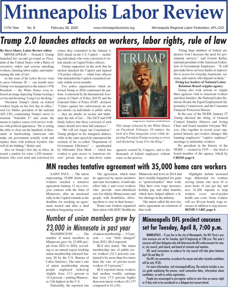 Front page of Labor Review, February 28, 2025 issue
