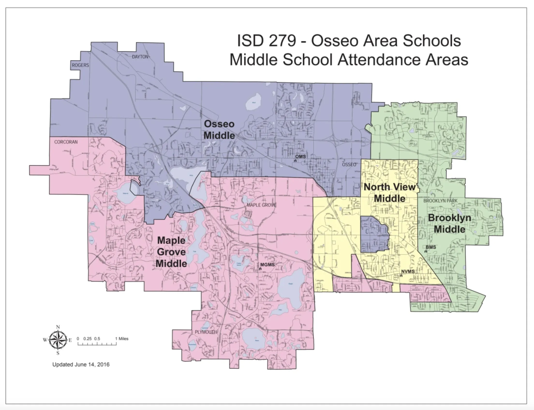 Osseo Area Schools, map of middle school boundaries