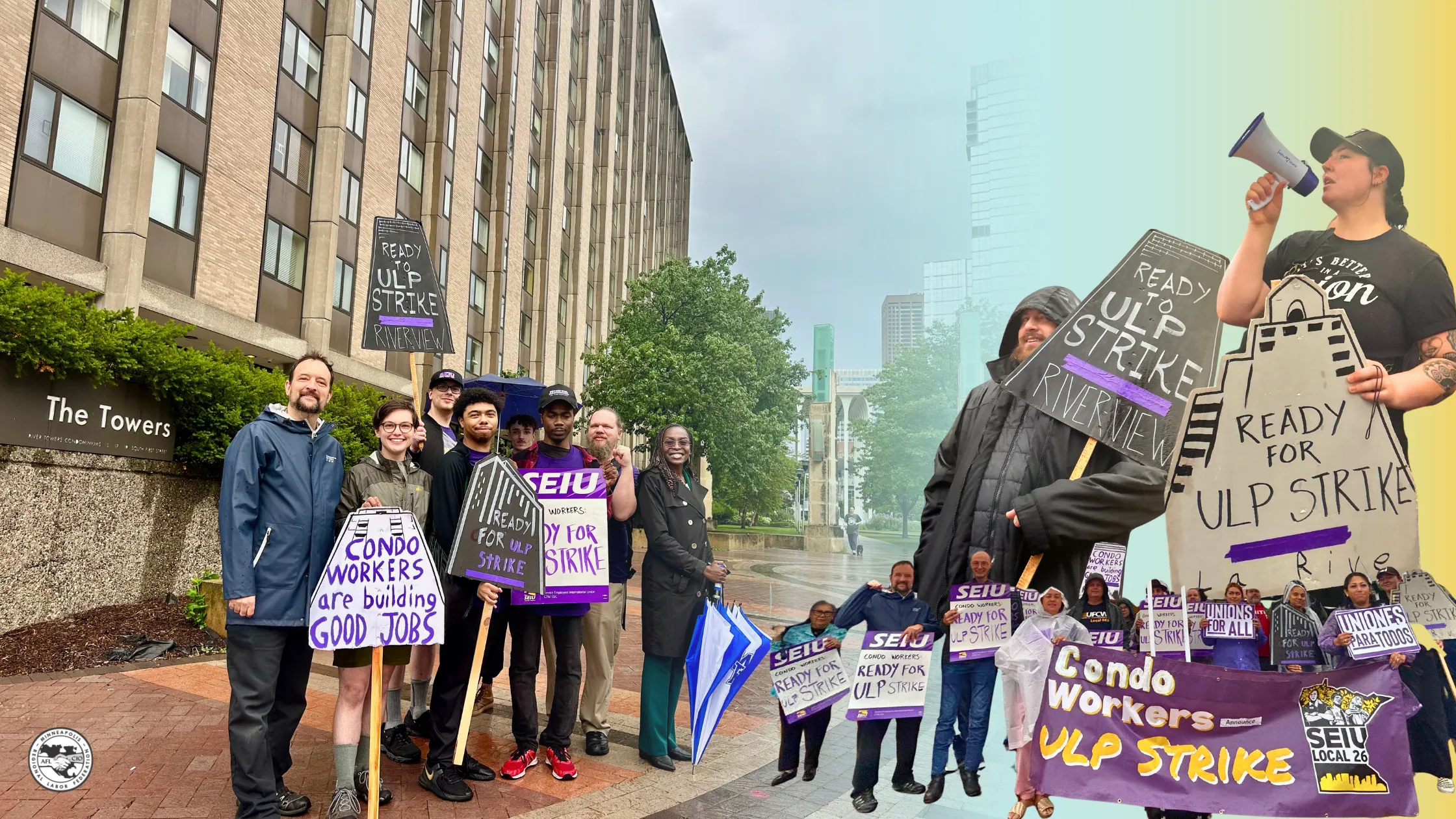 Condo workers and Rep Esther Agbaje outside The Towers, Minneapolis, MN July 31, 2026