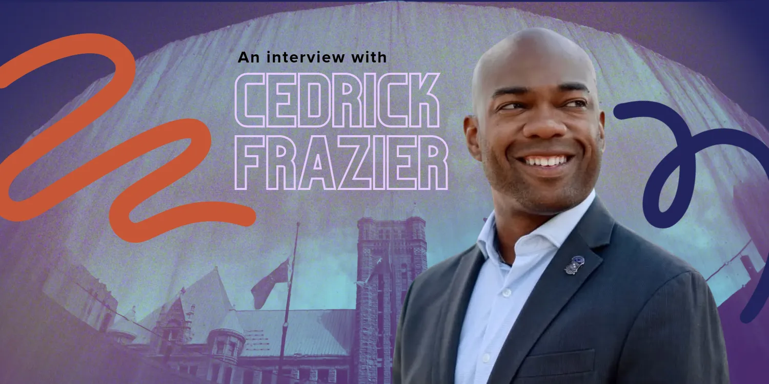 An interview with Cedrick Frazier, candidate for Hennepin County attorney - in the graphic, he is placed in front of Minneapolis City Hall.