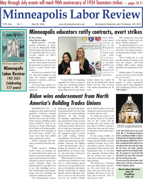 Front page of May 25, 2024 issue featuring "Minneapolis educators ratify contracts, avert strikes" and "Biden wins endorsement from North America's Building Trades Unions"
