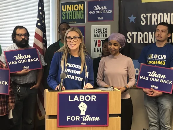 Minneapolis Federation of Teachers president Greta Callahan at Labor for Ilhan news conference